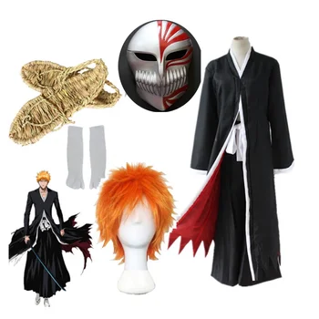 Аниме белина косплей костюми Ichigo Kurosaki куха маска мъже Ichigo перука черно наметало със сламени сандали чорапи върховете и панталони комплект