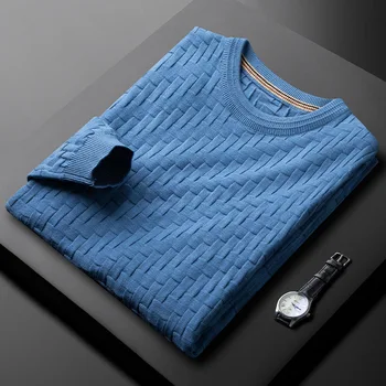 Високо качество лукс есен и зима Plaid кръг врата пуловер мъжки 2022 нов отдих тенденция прост чист цвят трикотажен пуловер
