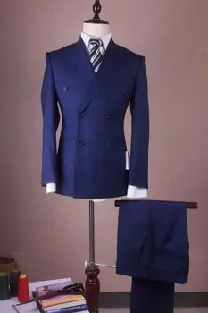 Висококачествен Bule Peaked Lapel Двуреден костюм 2Pieces (яке + панталони + вратовръзка) Мъжки костюми по поръчка Terno Masculino Slim Fit
