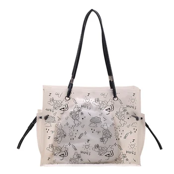 Голям капацитет PVC прозрачна пазарска чанта за жени мода графити композитни чанта писмо отпечатани пазаруване рамо чанти