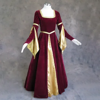 Дамска рокля Хелоуин мода червено кадифе реколта листа ръкави дълга люлка рокля косплей костюм Хелоуин карнавална рокля