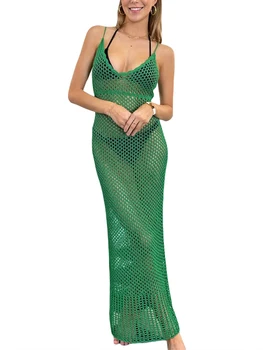 Дамски плетене на една кука силует спагети презрамки Макси рокля за плажен бански Cover Up бански костюм летни дрехи