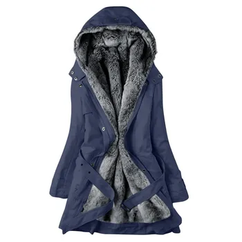 Дамски топли зимни палта размита руно облицована тънък годни сгъсти качулка дълги палта връхни дрехи мода-напред качулка трайно палто