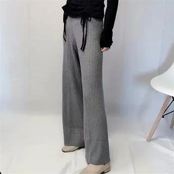 Дамски универсални прави западни стил за отслабване плетени панталони с широки крака 2022 Свободни нежни драпирани панталони
