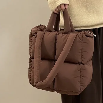 Дизайнерска подпухнала чанта за рамо жени ватирани пространство памук надолу перо подплатени голям капацитет чанта зимата пазаруване мъкна Bolsas