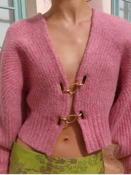 Елегантна сладка розова плетена жилетка за дамска мода Секси Y2k пуловер с дълъг ръкав V-образно деколте 2024 Дамски ежедневни улични палта
