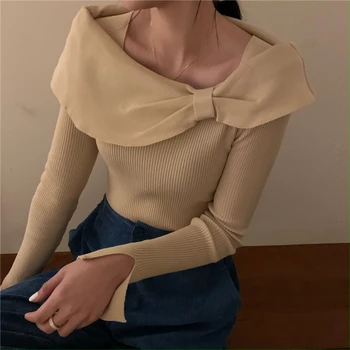 Елегантно парти Едно парче пуловер Корея пролет зима дълъг ръкав тънък пуловери жени случайни Хепбърн дами трикотаж женски