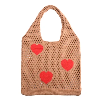 Естетически Out меко рамо за жени момичета плетене на една кука голяма пазарска чанта полиестер плета лято плаж чанта пазаруване сърцето модел