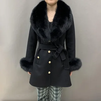 Жени нов стил вълнени палта Real Fox Fur Big Collar Fur Jackets Lady Elegant Trenchcoat QN5254