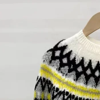 Жени ретро жакард плетен пуловер случайни D дълъг ръкав прав пуловер върхове за женски O-образно деколте трикотаж есен нов 2024