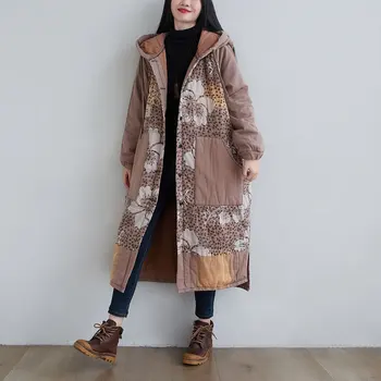 Жените отпечатани подплатени дълго палто връхни дрехи парки дами реколта качулка палто женски 2022 зимни паркове