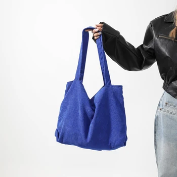 Жените рипсено кадифе голяма чанта за рамо Голяма чанта за рамо Плътен цвят Hobo чанта