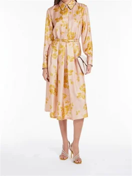 Женски завой надолу яка средна дължина роба жени флорални печатни рокля дълъг ръкав елегантен с колан пролетта 2024 ново