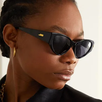 Класически реколта Cateye слънчеви очила за жени Луксозен дизайнер метални ленти гланцирана черна малка рамка котка очила UV400 очила
