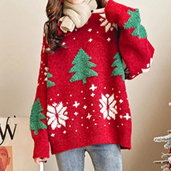 Коледа червени жени пуловер Autumer зимата трикотажни пуловер хлабав корейски мода дълъг ръкав топло плета случайни Коледа джъмпери