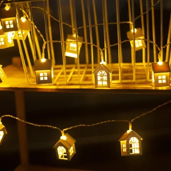 Коледна фея Wood House Light String Garland Heart Tree Star Light String за парти Navidad Нова година Начало Градински лампи 2024