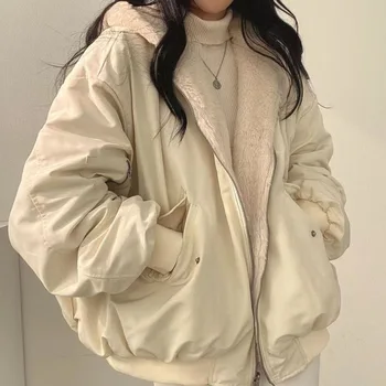 корейски стил плюс кадифе, удебелено от двете страни, за да носи агнешко вълнено памучно облекло дамско палто зимно ново памучно яке с качулка