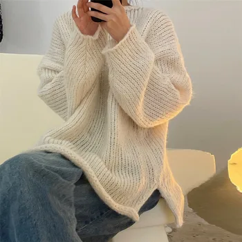 Корейски стил хлабав дневна пролет нови ежедневни момичета 2023 дълъг пуловер пуловери жени наклонена черта врата моден дизайн елегантен All-мач