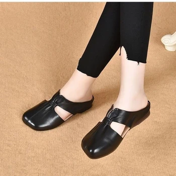 Летни дамски сандали 2023 Нови Baotou плоски чехли Дамско облекло ажурна квадратни пръсти задна празна лък Дамски сандали чехли