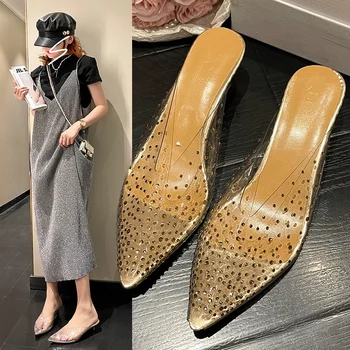 Лято злато сребро жени чехъл мода CRYSTAL заострени пръсти плитко приплъзване на мулета тънък висок ток дами помпи сандали