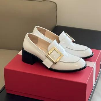 Малки кожени обувки Дамски кристални истински кожени кръгли пръсти дебели токчета ежедневни обувки дамски класически обувки британски стил 2024