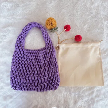 Малки чанти от памучна нишка за жени 2023 Модни ръчно тъкани дизайнерски чанти Портмонета и чанти Плътен цвят плаж Топ дръжка чанта