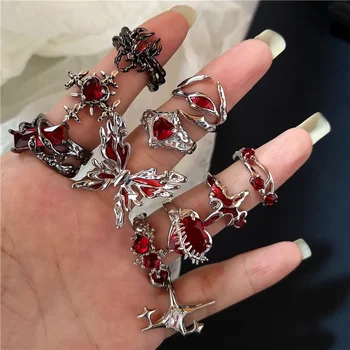 Неправилни червени кристални стъклени сърце естетически пръстени за жени готически животински паяк пръстен творчески гръндж бижута аксесоари