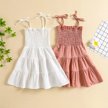 Нов летен детски бебе момичета къдрици рокля облекло без ръкави презрамки твърди плисирани Sundress парти рокли Sundress