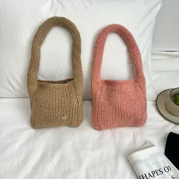 Плътен цвят ръчно тъкана чанта нов висок капацитет плетени възел китката чанта вълна плетене рамо чанти средата на есента