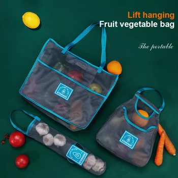 Преносими зеленчукови торбички за многократна употреба Двойни джобове Висящи торбички за хранителни стоки Вода измиване Mesh Организатор Кухненска чанта за съхранение