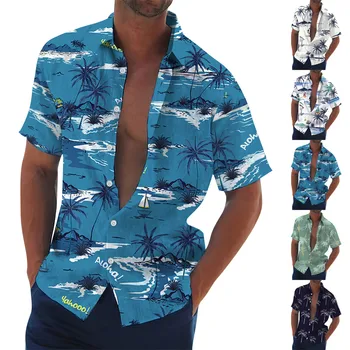 Реколта ризи за мъже бутон надолу боулинг ризи къс ръкав лято плаж риза блуза случайни красив мъжки ризи camisa