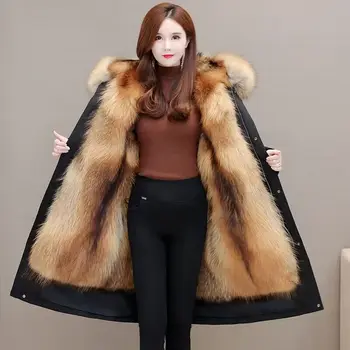 Специален дизайнер дамски зимен нов над коляното подвижен лайнер висок клас удебелен памук подплатено яке имитация кожено палто