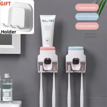 Творчески стенен автоматичен дозатор за паста за зъби и малък държач за четка за зъби Паста за зъби Squeezer за семейна душ баня