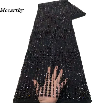 Френски тюл африкански дантелен плат 2023 Висококачествена черна бродерия Пайети мъниста Нигерийски дантелени тъкани 5 ярда за рокля