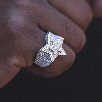 Хип-хоп Хеви пънк Златен цвят Голяма звезда пръстен Всички Iced Out CZ каменни пръстени чар за жени Мъже Bling парти бижута дропшипинг