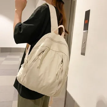 японска раница дамски плътен цвят минималистичен раница ретро измити платно раница бяло платно книга чанта ученическа чанта
