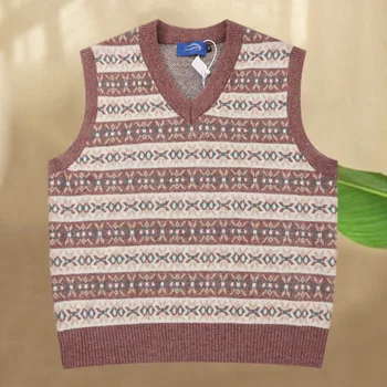 2023 Етнически ретро печат модел британски универсален пуловер пуловер жилетка мода плетен пуловер за мъже корейски тънък V врата